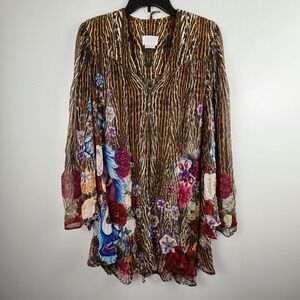 Camilla Leopard Bohemian Floral Silk Dress XS Cover Up Embellished V-Neck READ*